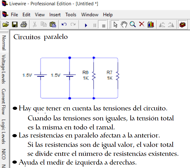 El circuito en paralelo se nota en que sus elementos compartes los mismos terminales Circuito en paralelo