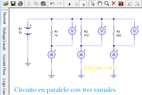El circuito paralelo los ramales se conectan a un mismo punto vivo del circuito circuito paralelo con tres ramales