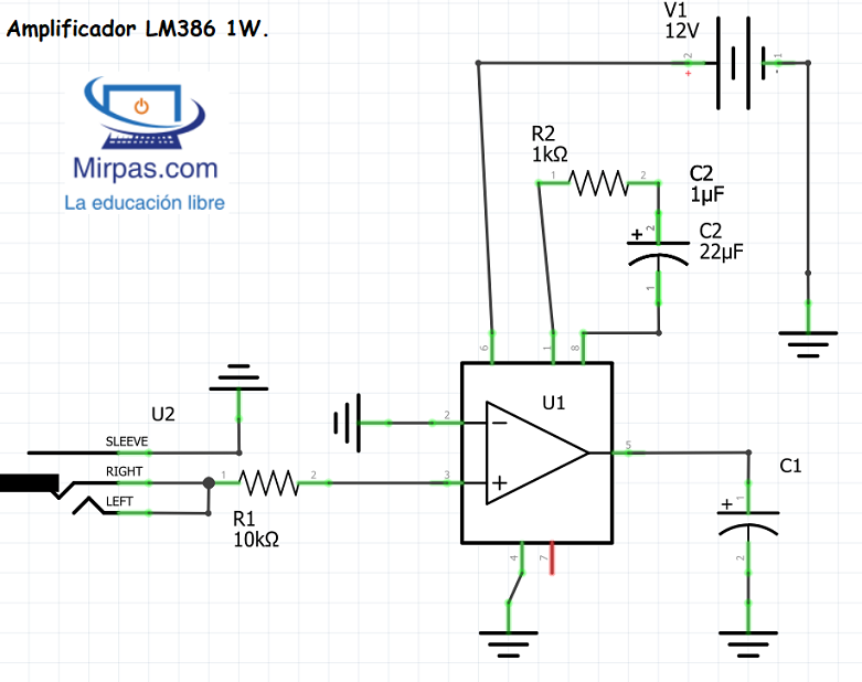 circuito esquemático del amplificador LM386