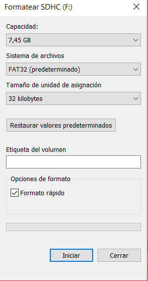 opciones de formateo