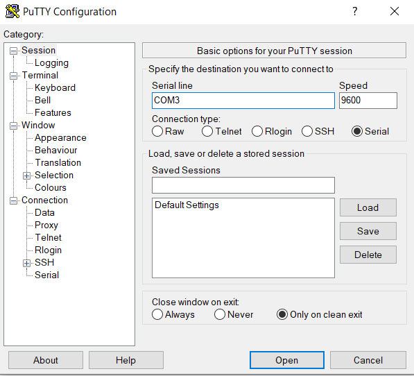 comunicación serie con putty.exe