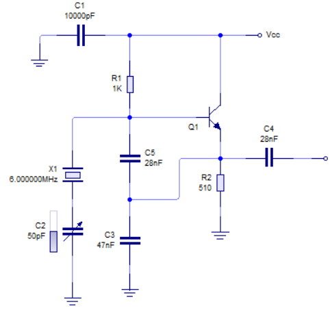 Circuito oscilador Colpitts con cristal piezoeléctrico