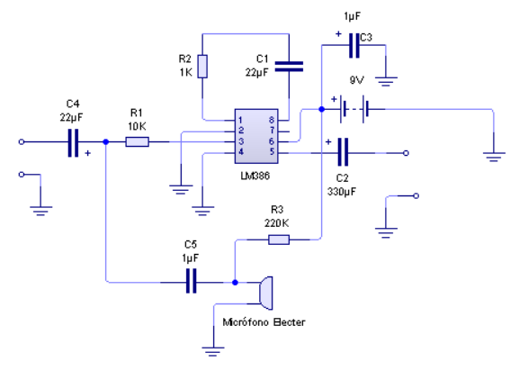 Amplificador LM386 con micrófono a la entrada