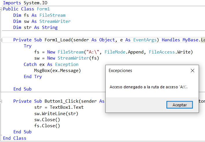 Al encontrar un error se ejecuta el bloque Catch