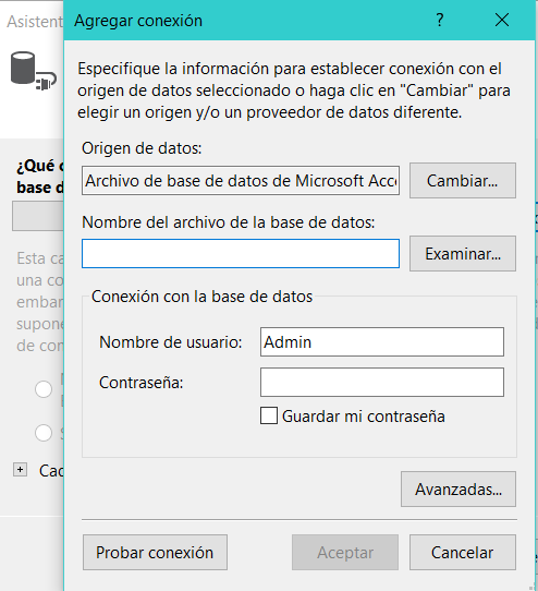 Agregar conexión te permite establecer la ruta de la base de datos.