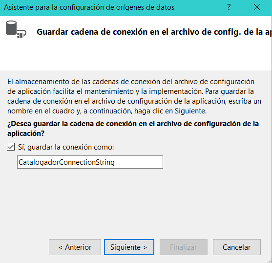 Ventana de configuración para el connectionString