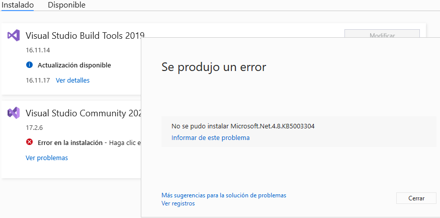 Fallo de instalaci贸n de paquetes. Volver a intentarlo quitando herramientas modernas