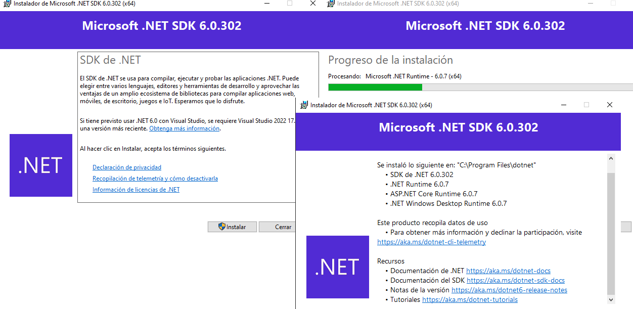 Instalaci贸n de las herramientas de .NET desde la aplicaci贸n de instalaci贸n de DOT.NET