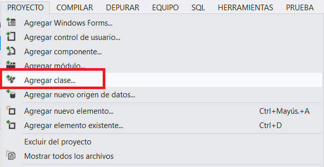 Agregar nueva clase al proyecto actual