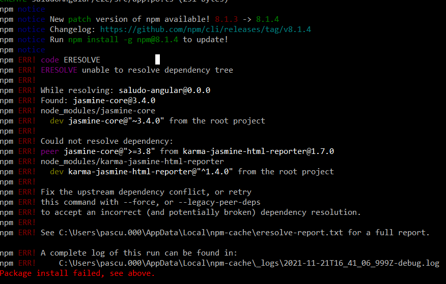Fallo al instalar el nuevo proyecto ANGULAR
