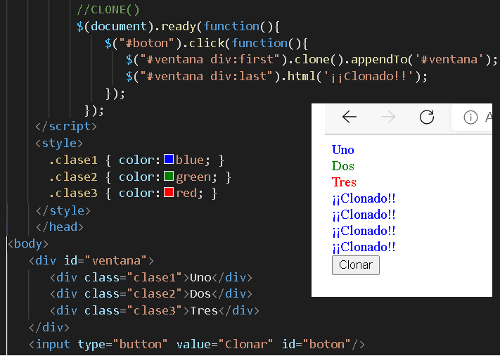 método clone permite clonar elementos en la Web y añadir elementos junto con otros métodos