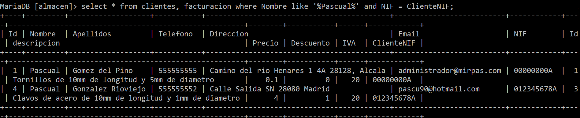 Selección de todos los registros de las tablas clientes y facturación ordenados por nombre