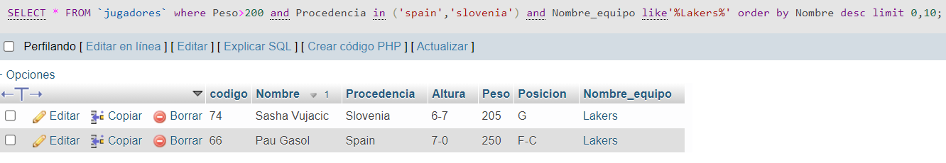 La cláusula IN nos permite seleccionar valores de un campo de la tabla