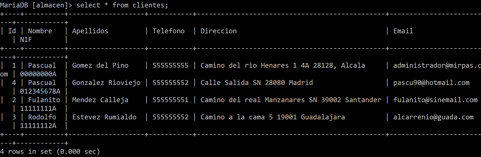 Select general para conocer las filas y registros de una tabla.