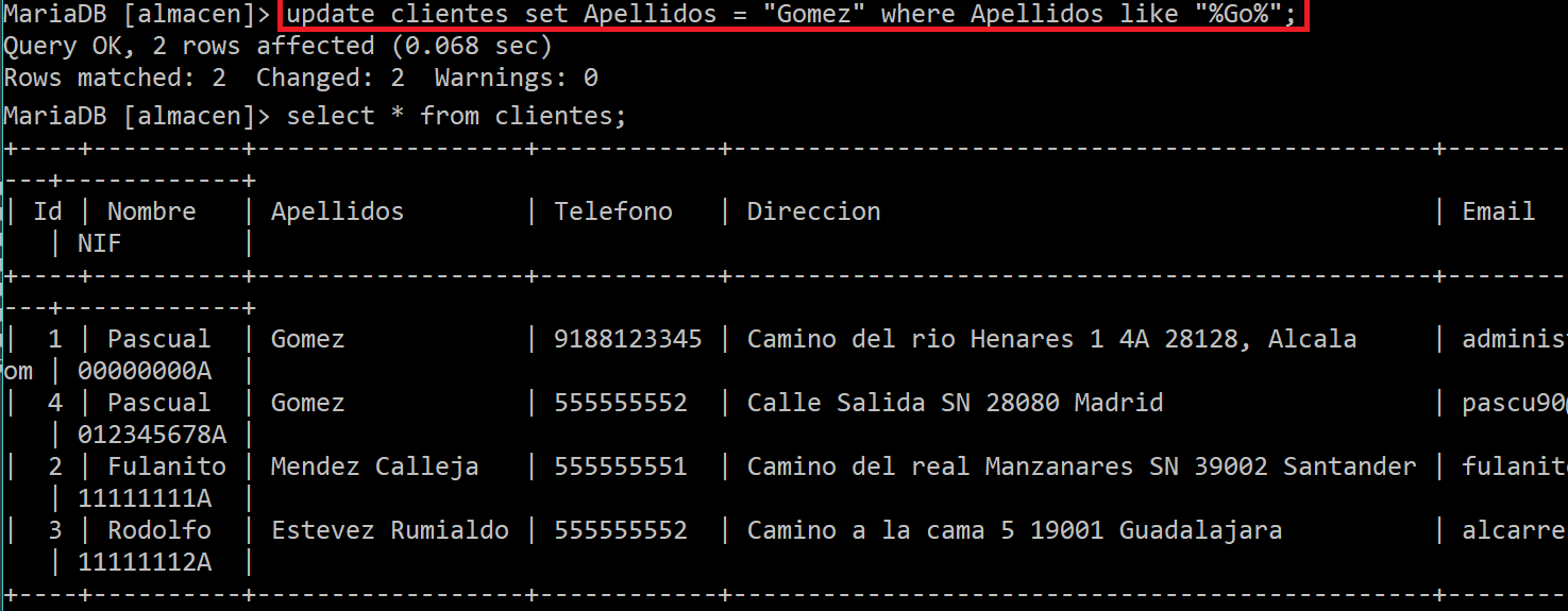 Cuidado al usar la cla煤sula de UPDATE porque se puede actualizar contenido multiple