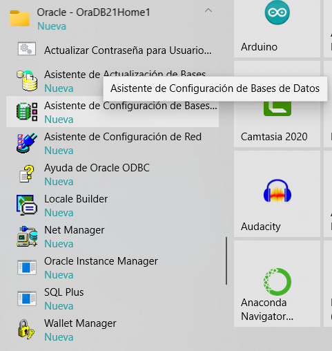 Asistente de base de datos nueva