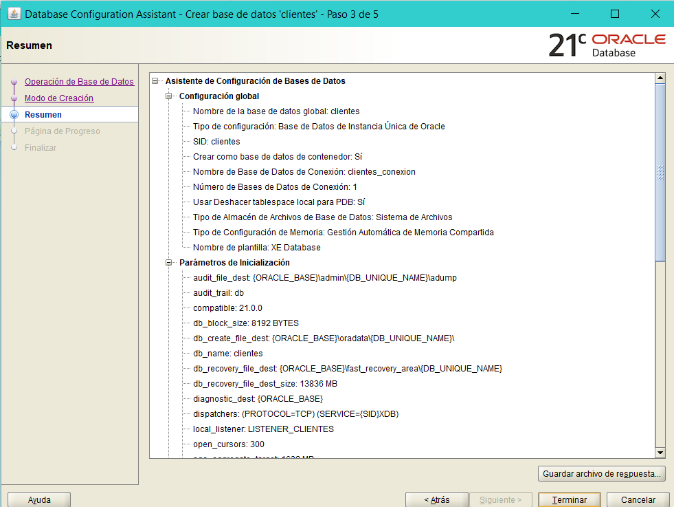 resumen de configuraci贸n de la base de datos