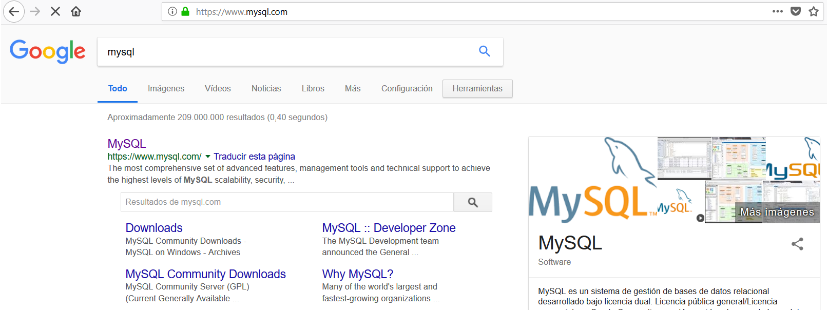 acceder a la página de mysql