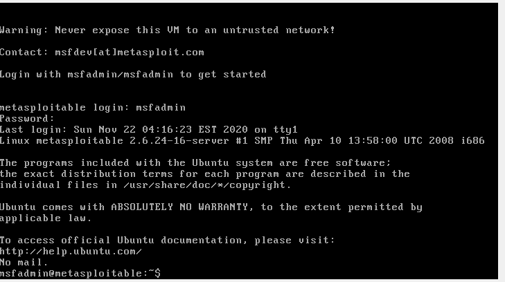Acceso al sistema metasploitable2. Prompt espera instrucciones