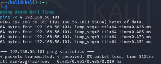 Ping para sabér si la máquina metasploitable2 responde a ICMP