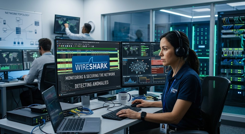 Técnico de seguridad informática escaneando la red interna con Wireshack