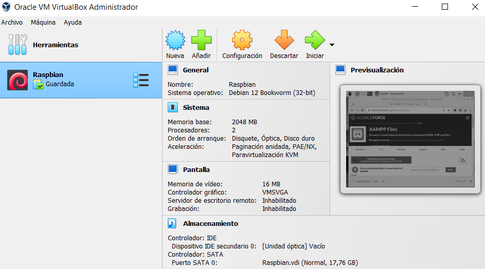 Pantalla principal de VirtualBox recién instalado