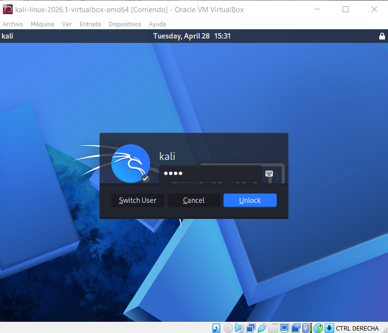 Máquina virtual kali linux corriendo en Windows