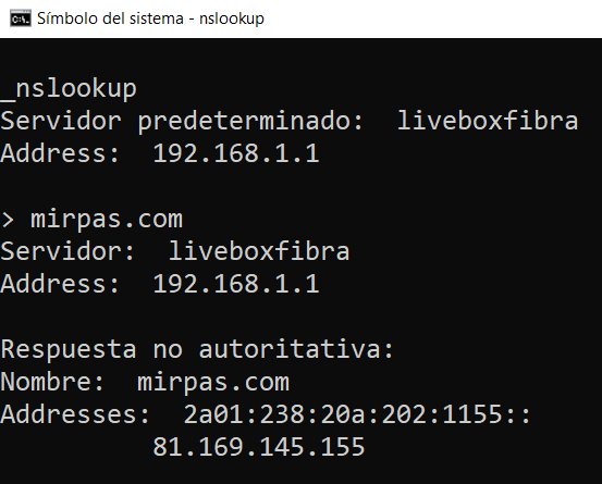 nslookup Devuelve la IP de la página web